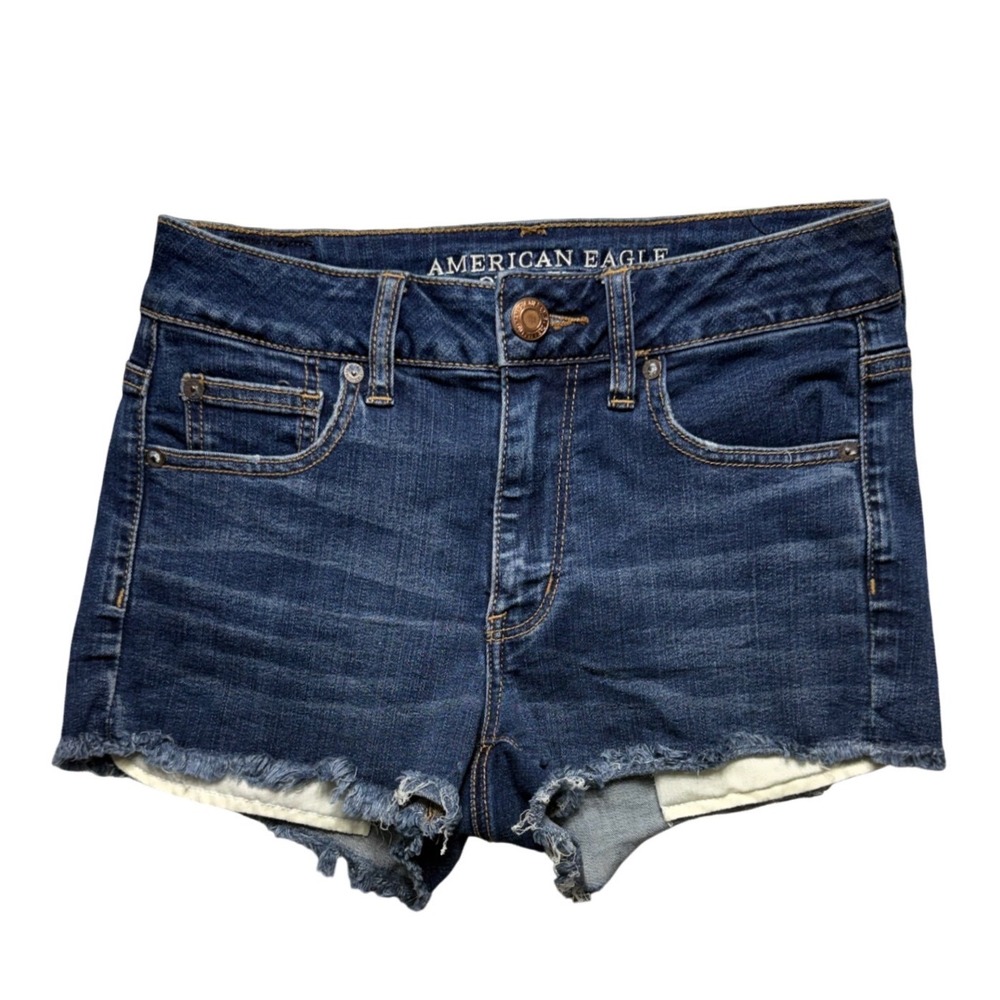 American Eagle Hi-Rise Shortie Dark Wash Frayed Hem Jean Shorts Womens 4 Stretch